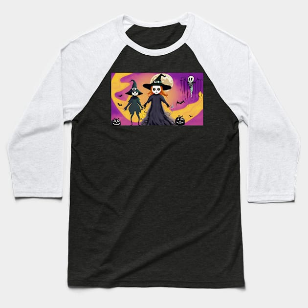 Two skeleton witches standing next to each other in front of a full moon Baseball T-Shirt by Tee Trendz